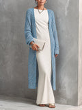 Women's Casual Elegant Blue Knit Open Front Ribbed Long Cardigan MDZ2428G4GMJ