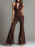 Elegant Halter Button-Front Jumpsuit With Lace Trim