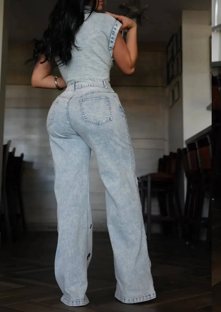 Women's Sleeveless Collared Denim Eyelet Two-Piece Set