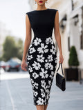 Elegant Floral Print Colorblock Bodycon Midi Dress