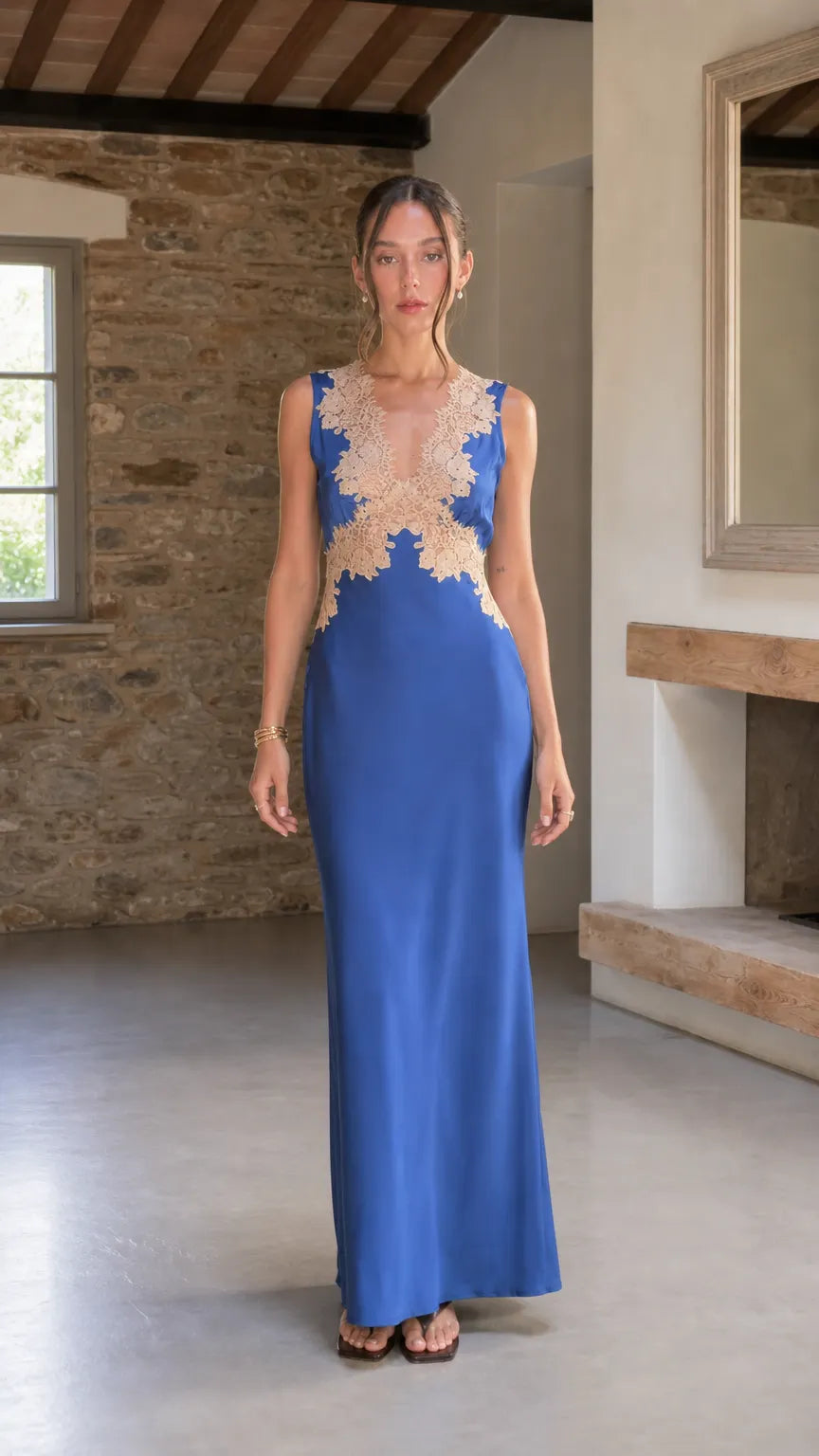 Elegant Contrast Lace Trim Sleeveless Satin Maxi Dress