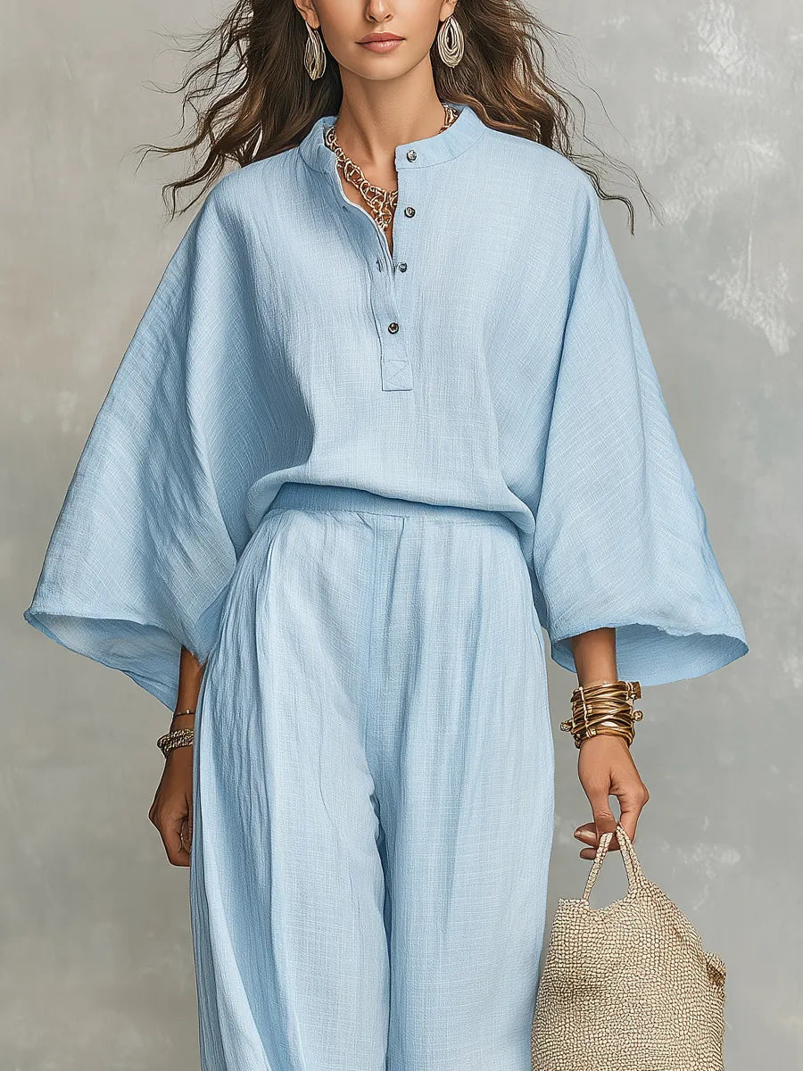 Bohemian Style Linen Wide Sleeved Top And Pants Set