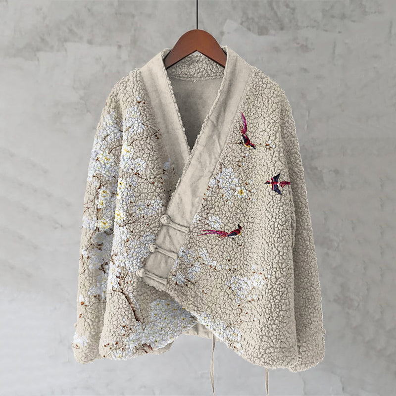 Japanese Style Flower And Bird Art Plush Cardigan