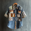 Casual Pop Art Patchwork Cat Denim Shirt