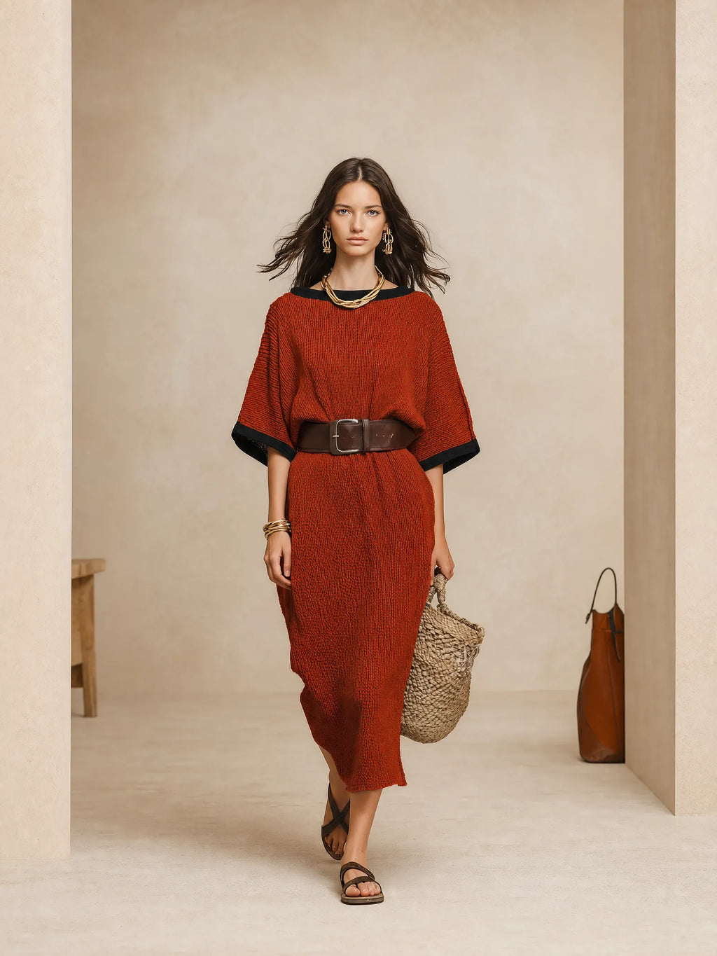 Minimalist Autumn Sweater-Knit Round-Neck Cocoon Brick Red Maxi Dress