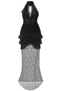 Halter Ruffle Lace Maxi Dress Black
