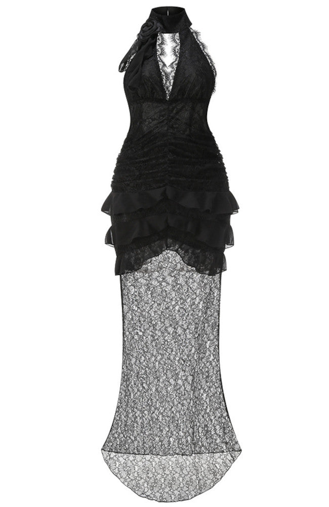Halter Ruffle Lace Maxi Dress Black
