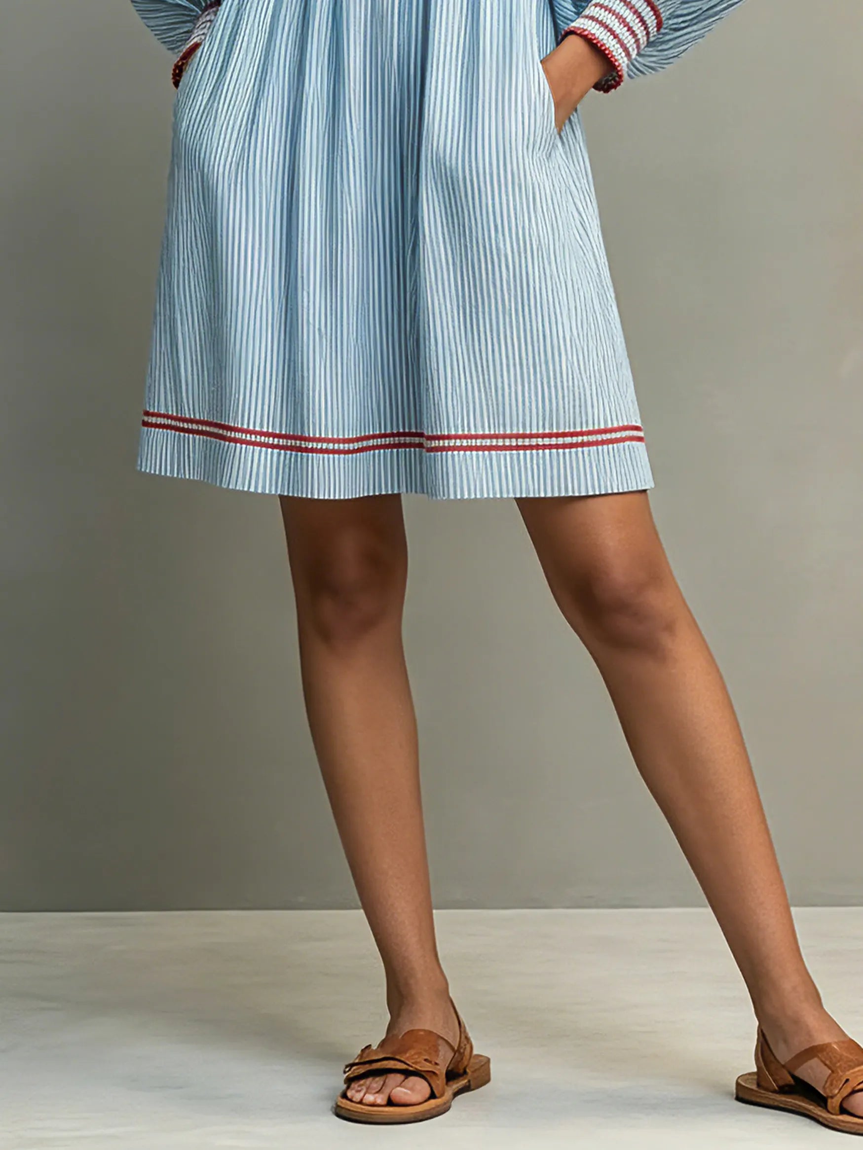 Women's Two-way Wear Design Minimalist Striped Mini Dress Featuring Red-trimmed Lantern Sleeves MDZ3068F5WY