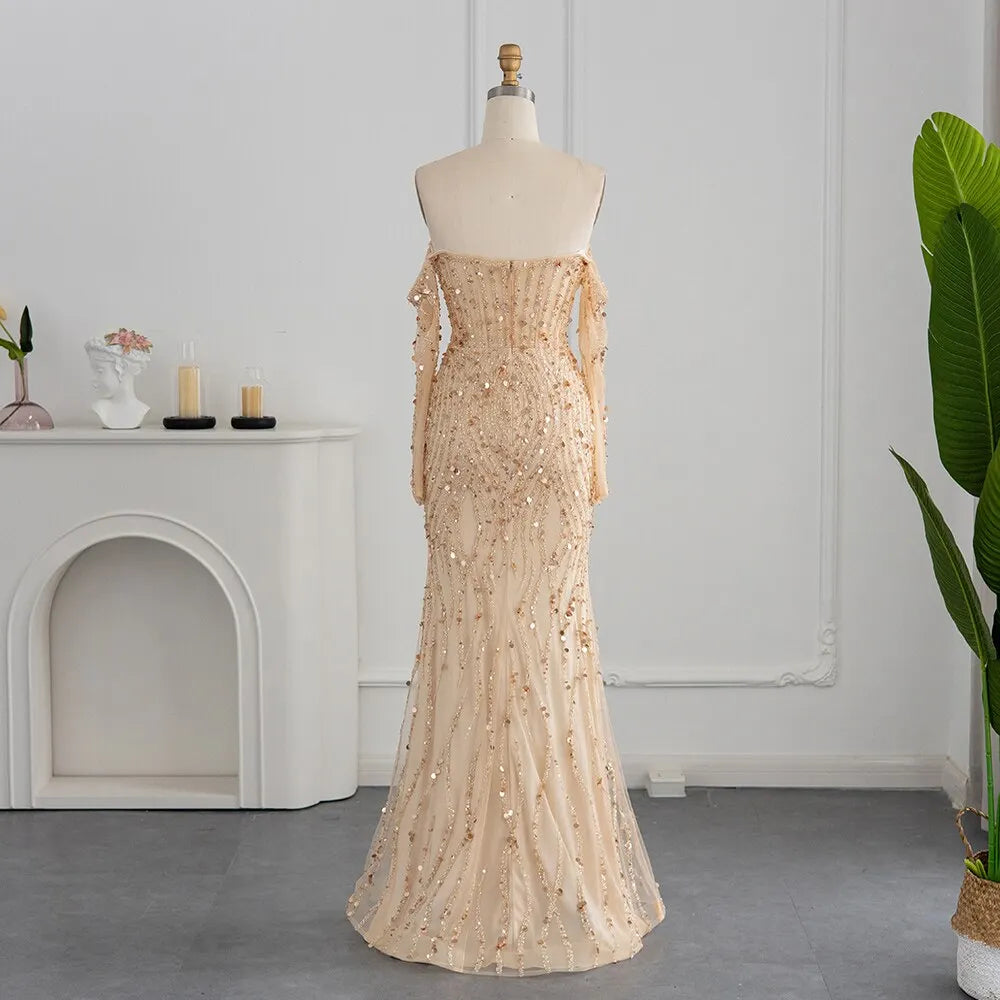Dreamy Vow Luxury Dubai Gray Mermaid Evening Dress Elegant Off Shoulder Gold Prom Formal Dresses for Women Wedding Party 357