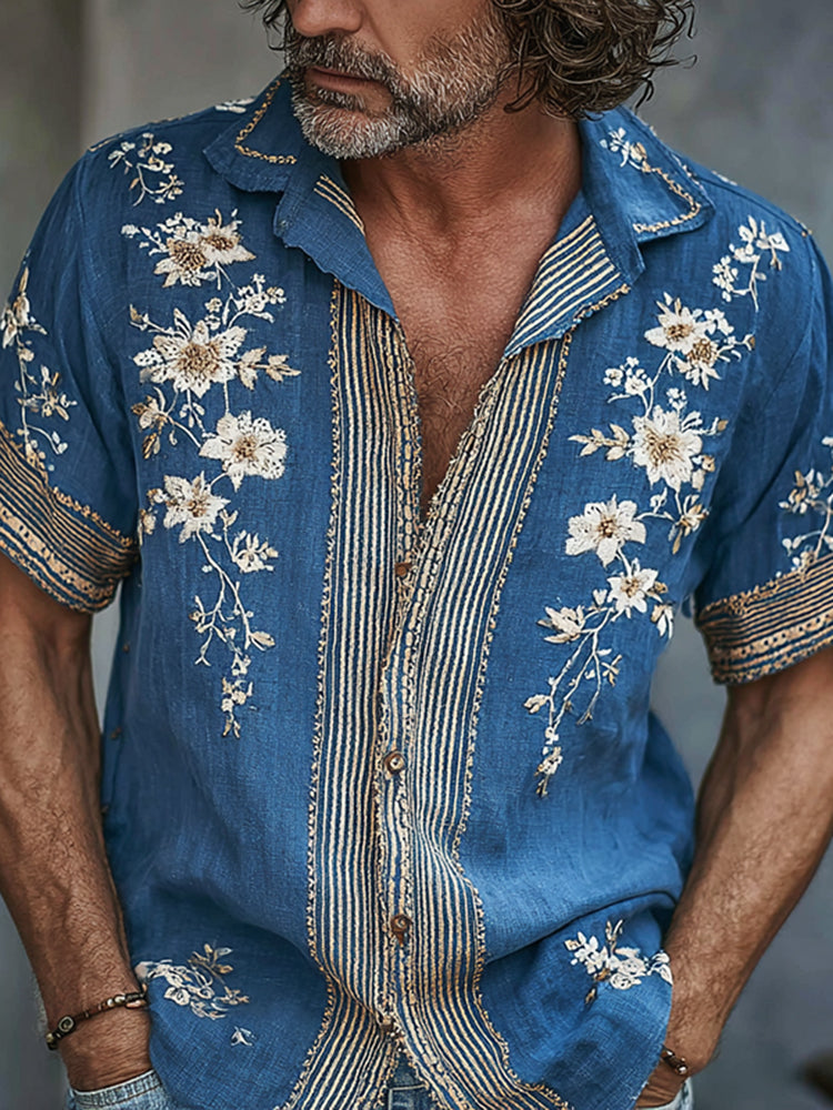 Men's Floral Embroidered Art Linen Blend Short Sleeve Shirt