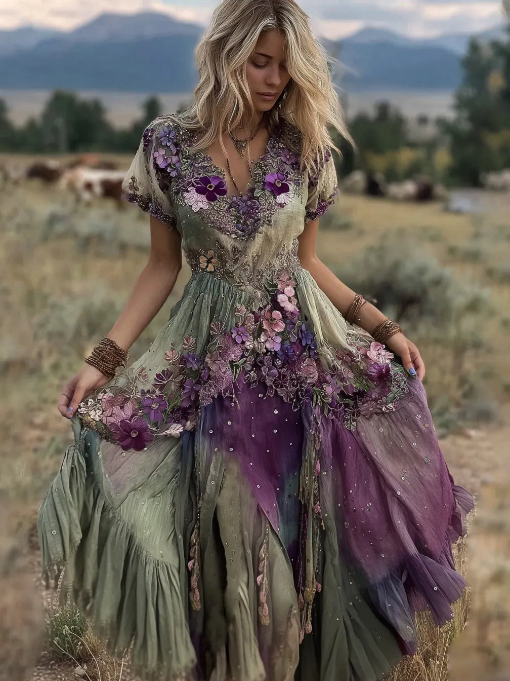 Vintage Gradient Purple Pansy Embroidered Linen Maxi Dress