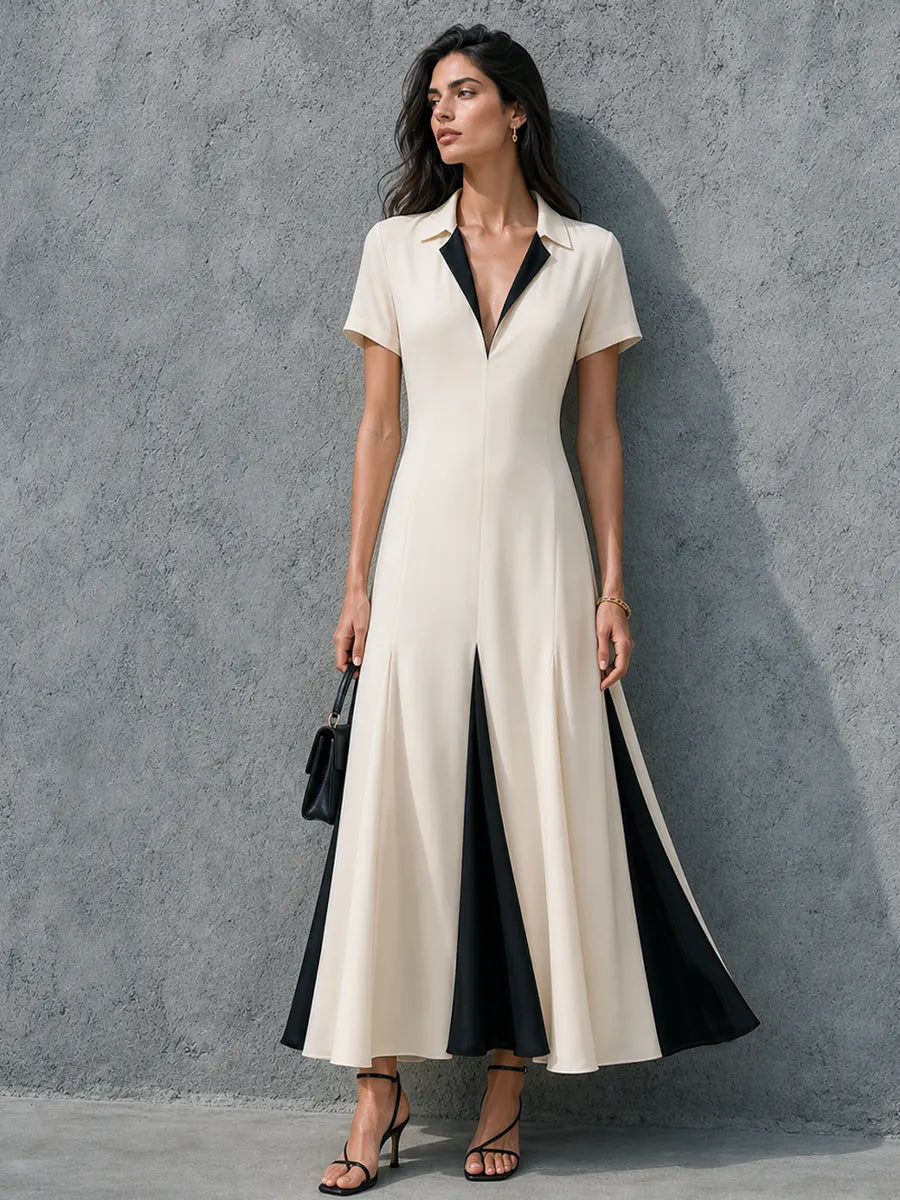 Women's Elegant Workwear Style Off-White Cotton Blend Color Block Lapel Short Sleeve Maxi Dress MDZ3023F5GMJ