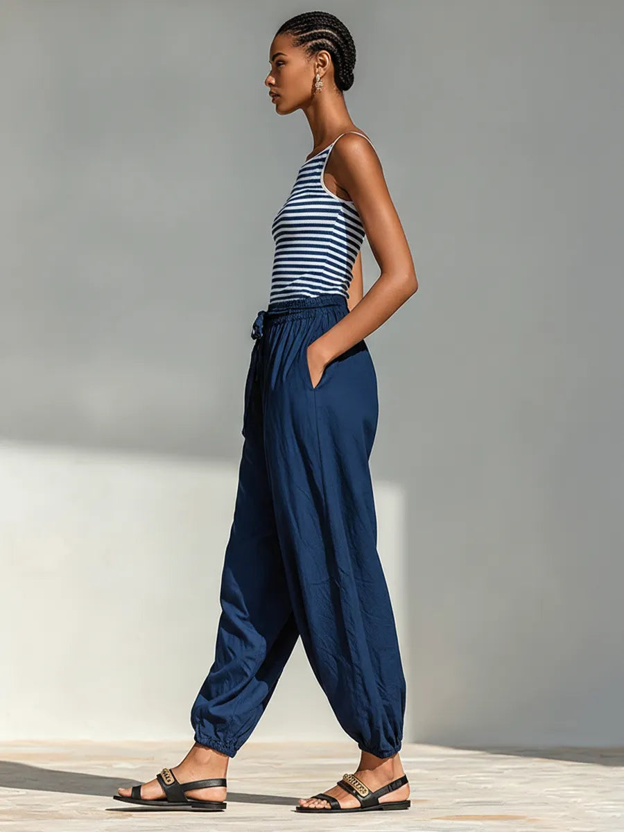 Women's Navy & White Striped Cotton-Blend Two-Piece Set With Square Neck Sling Top & Drawstring Harem Jogger Pants, Minimalist Casual Vacation Outfit MDZ0518F8LYL
