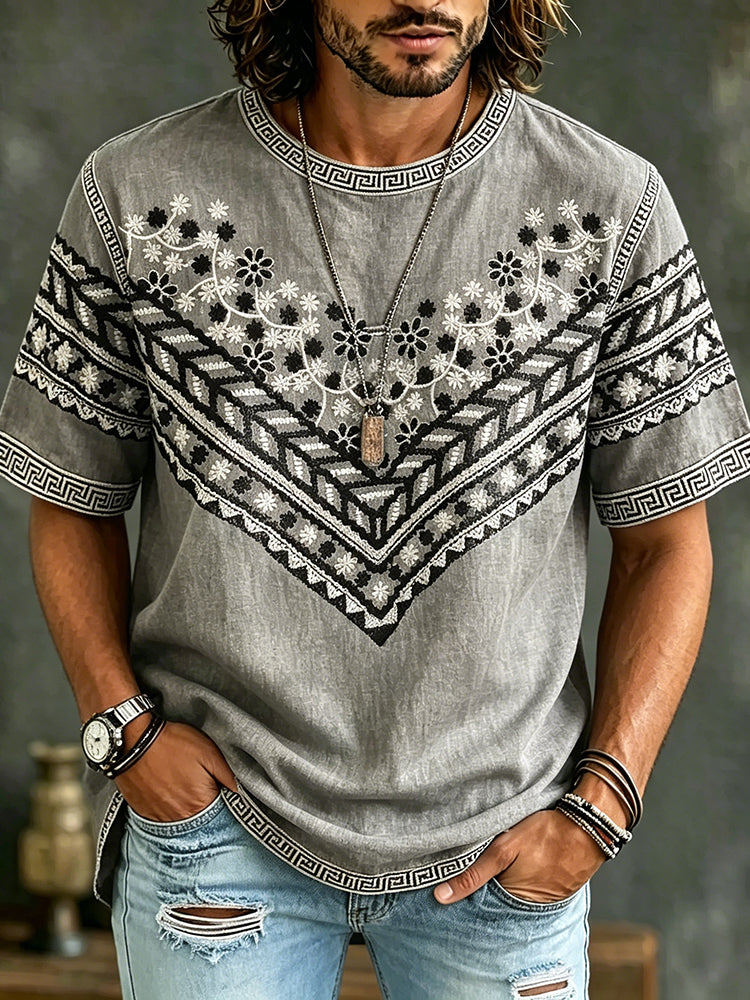 Men's Vintage Spring Floral Embroidered Art Print Flowy Linen Blend Casual Tshirt