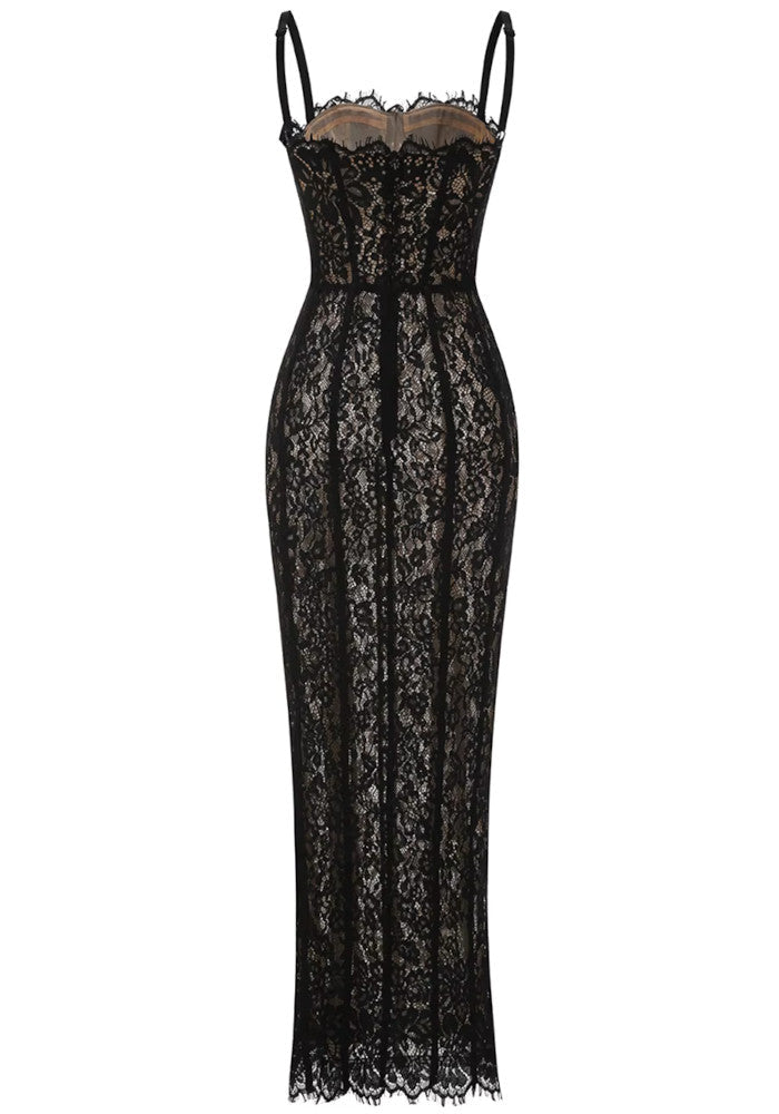 Lace Bustier Detail Maxi Dress Black