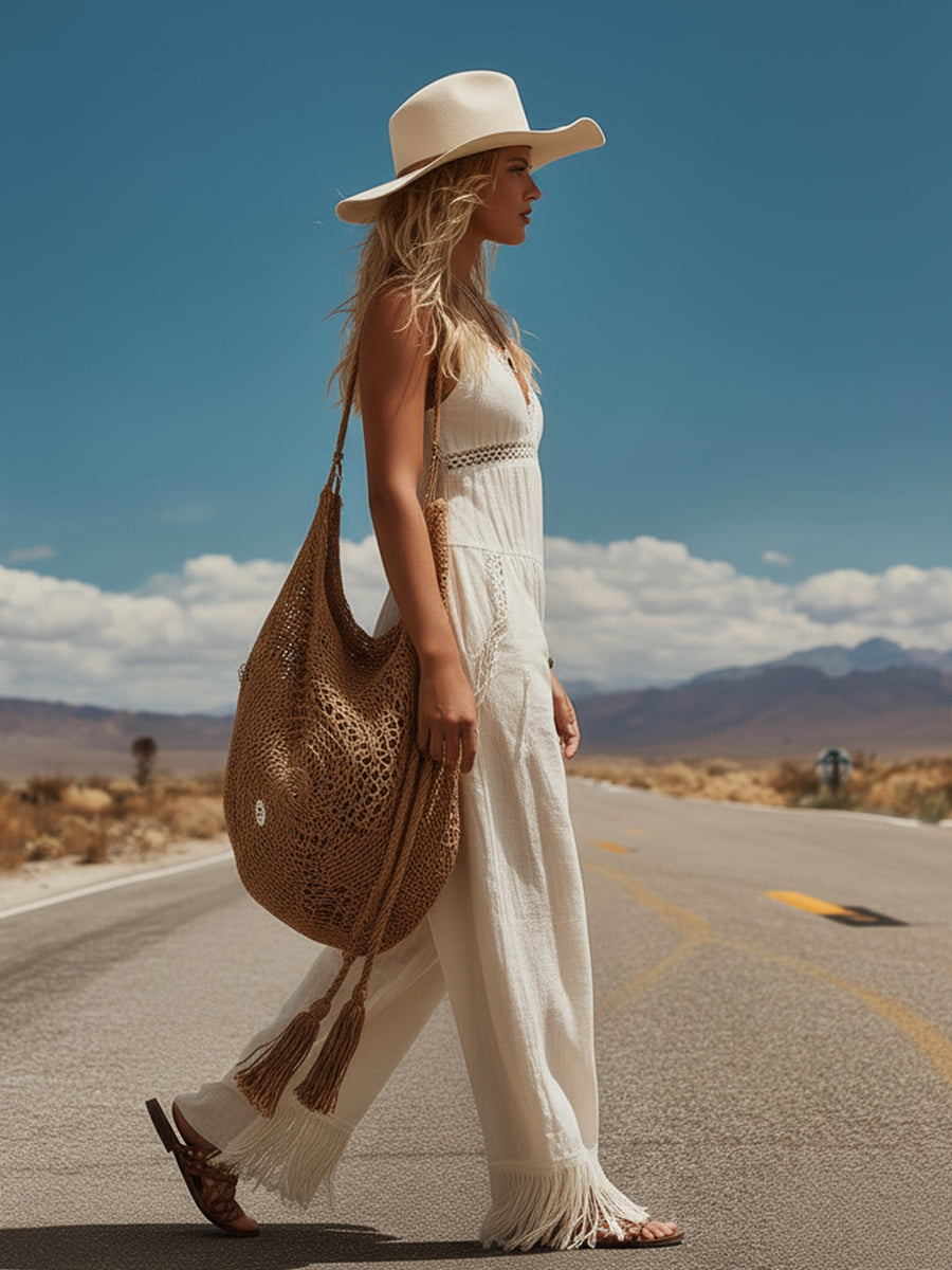 Western-Style Lace-Trimmed Off-White Tasseled Cotton-Linen Sleeveless Jumpsuit