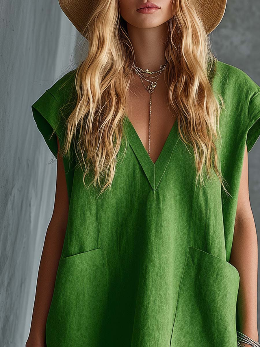 Vibrant Resort Bohemian Bright Green Cotton Linen V-Neck Patch Pocket Mini Dress