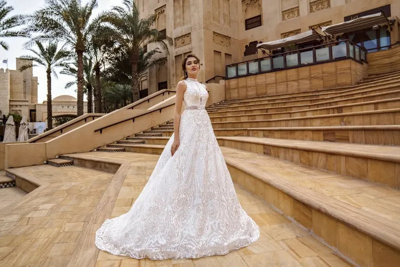 Wedding Dress, White Bridal Dress, Deep V Neck Tulle Wedding Gown, Boho Beach Wedding Dress, Illusion Lace Ruffle Sleeves Formal Gown