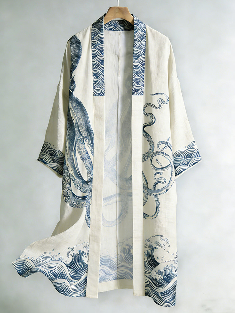 Japanese-style Octopus And Wave Art Pattern Casual Kimono Cardigan