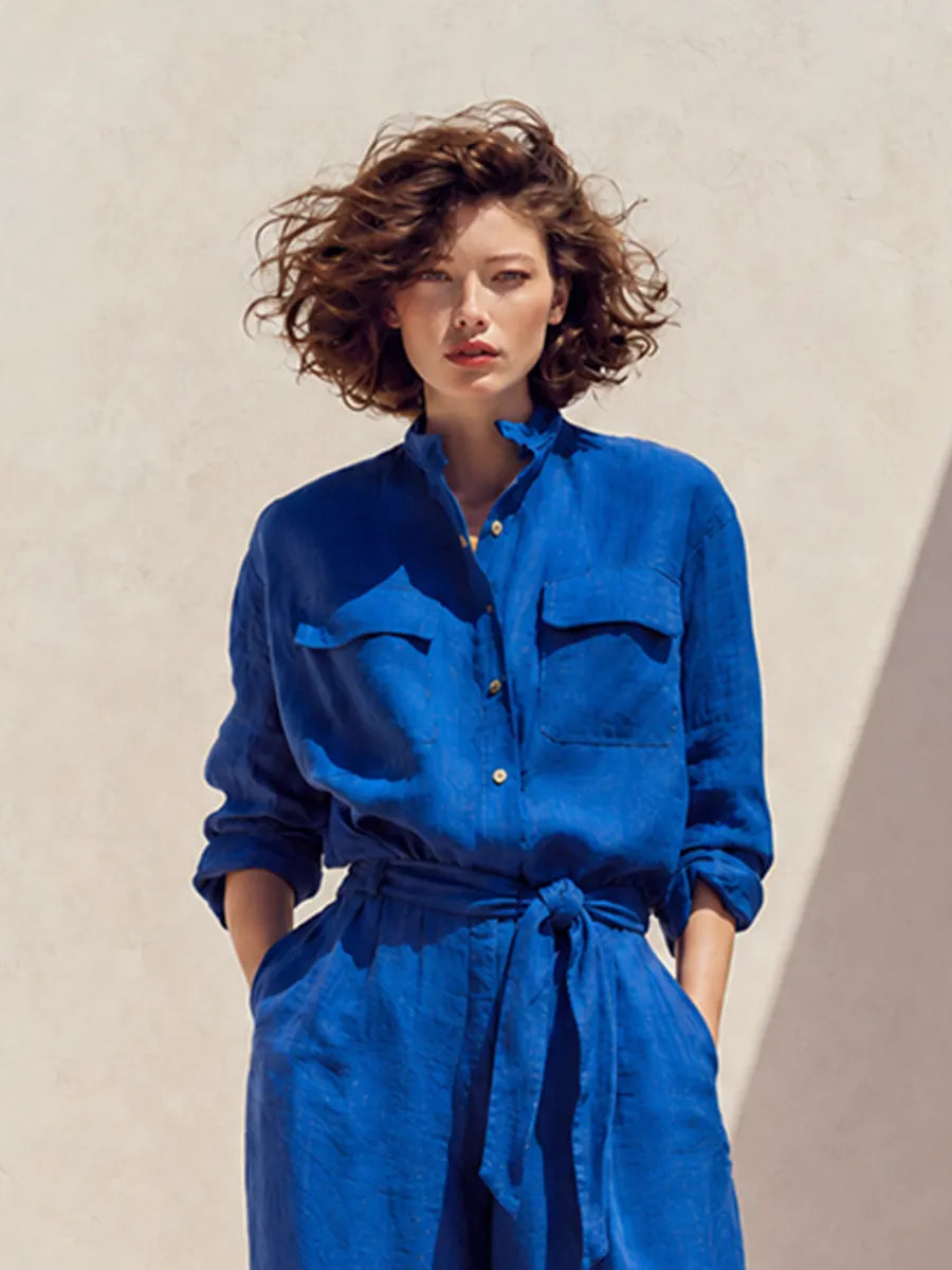 Women's Vacation Klein Blue Washed Linen Stand Collar Long-Sleeve Shirt & Wide-Leg Pants Set MDZ1740G5CMX