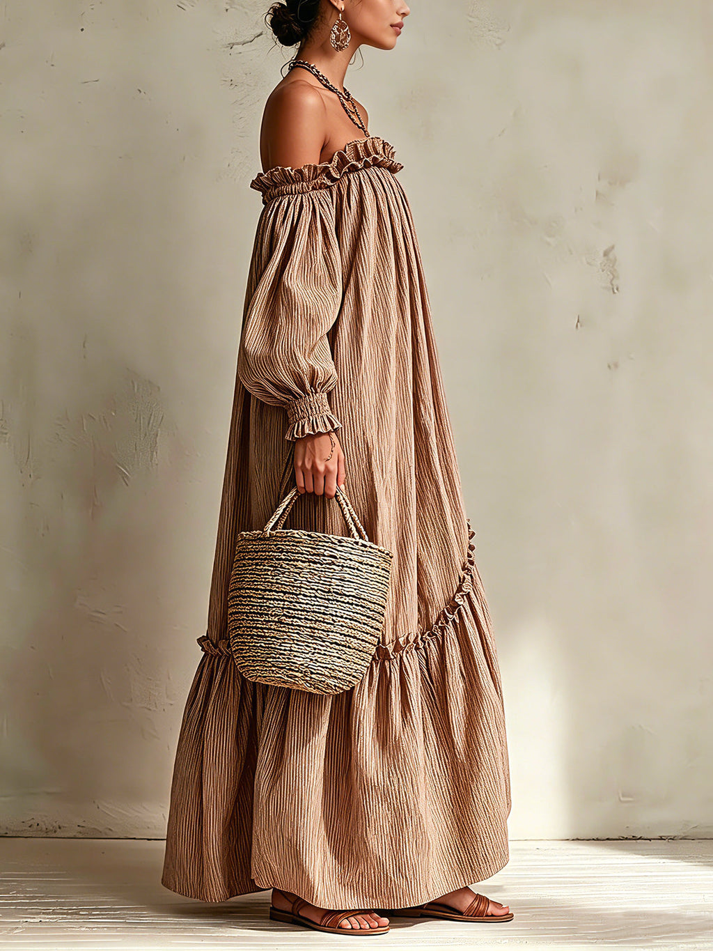 Dusty Pink Striped Off-Shoulder Maxi Dress