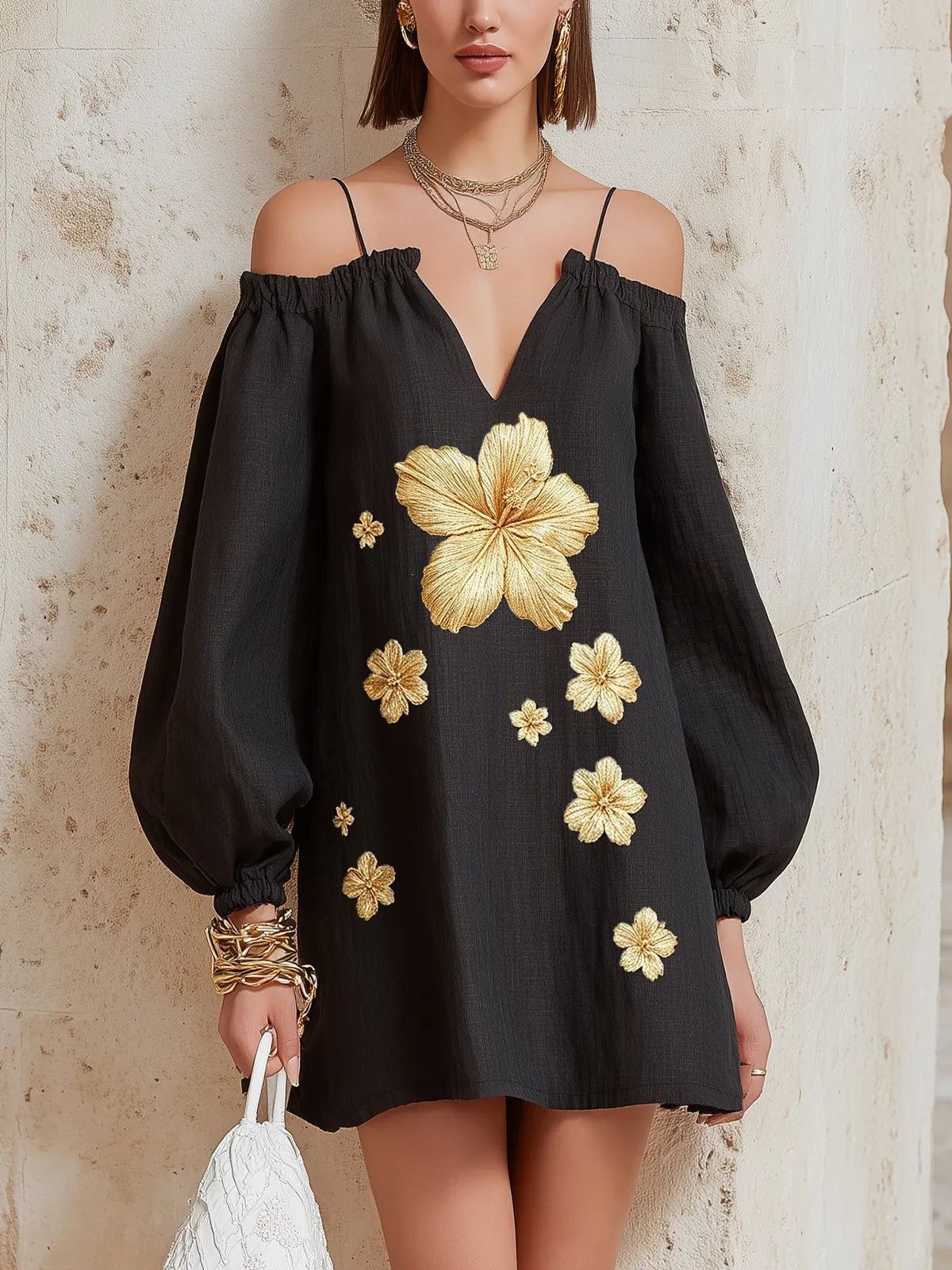 Black Cold Shoulder Long Sleeve Golden Floral Embroidered Mini Dress