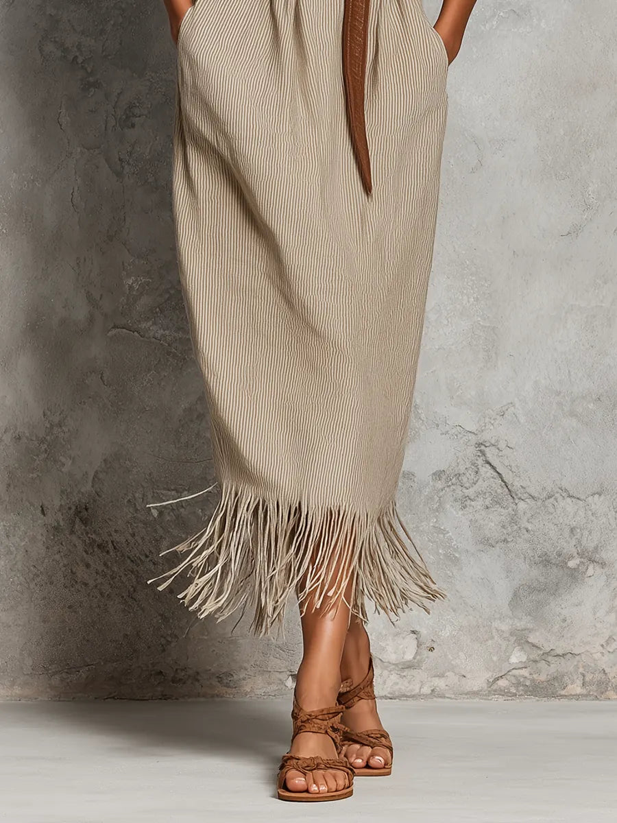 Women’s Beige Fine Vertical Stripe Linen Stand Collar Half Placket Roll Up Sleeve Fringe Hem Midi Shirt Dress With Side Pockets (Belt Not Included) MDZ0274G0T
