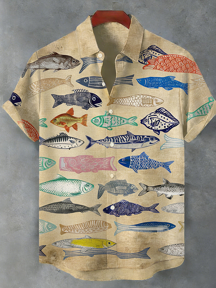 Colorful Fish Shoal Japanese Linen Short-sleeved Shirt