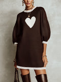 Brown Heart Intarsia Lace Trim Knit Mini Dress