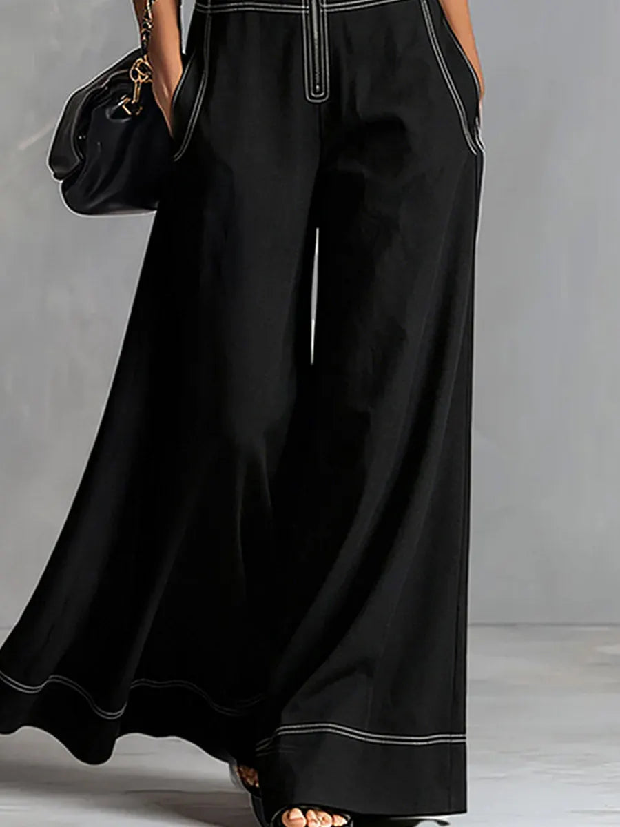Stylish And Elegant Front-zip Black Tencel Denim Sleeveless Wide-leg Jumpsuit