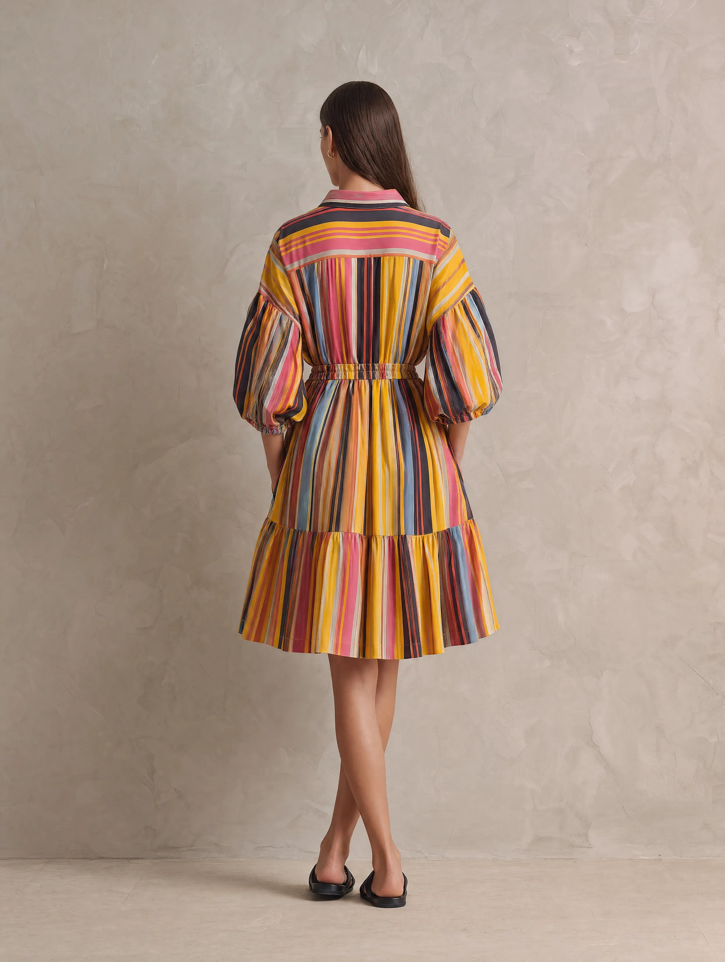 Women's Casual Woven Midi Dress With Colorful Print And 3/4 Sleeves MDZ0973G1LXY