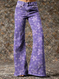 Women's Vintage Purple Floral Art Print Casual Slim  Wide Leg Pants