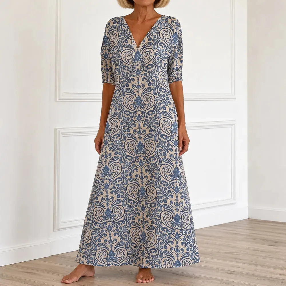 Florenza – Vintage Paisley V-Neck A-Line Maxi Dress with Half Sleeves