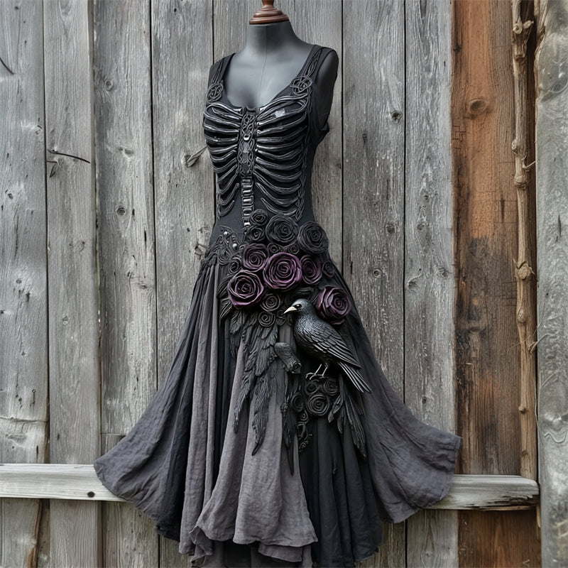 Vintage Rib Cage Raven & Roses Flowy Linen Dress