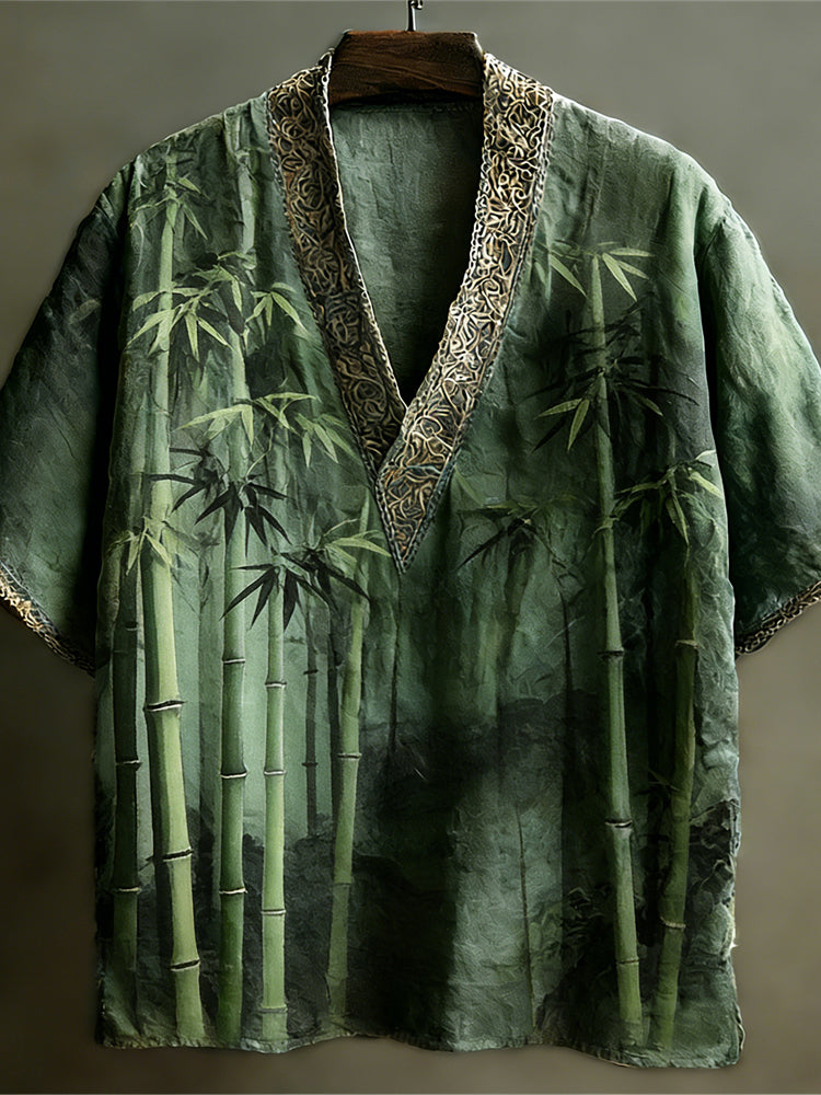 Japanese Bamboo Pattern Linen Short Sleeve V-neck Shirt