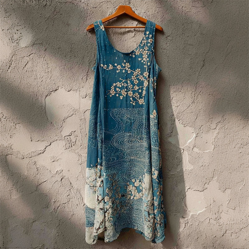 Almond Blossom Sea Waves Japanese Art Linen Tank Dress
