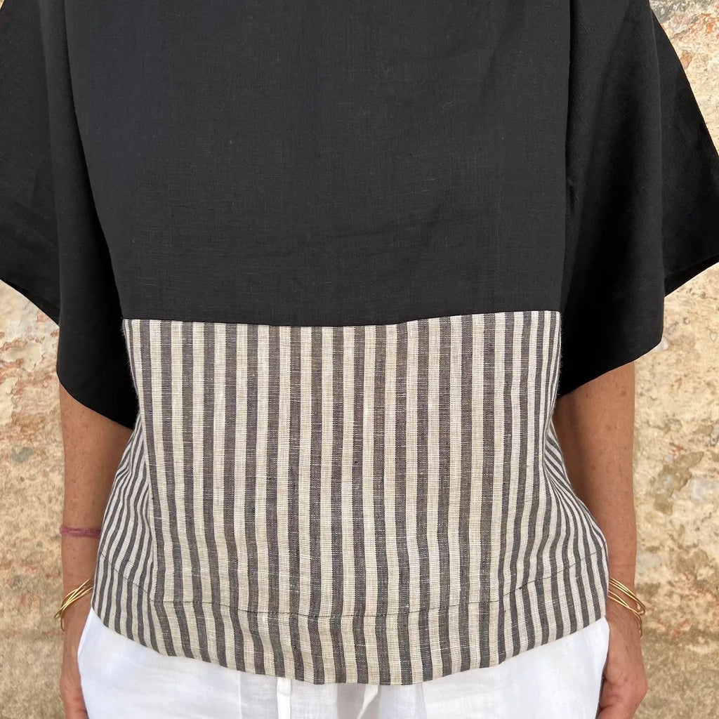 Jill Top New - French Bateau Neck Color-Blocked Striped Linen Blouse | Dadihouse