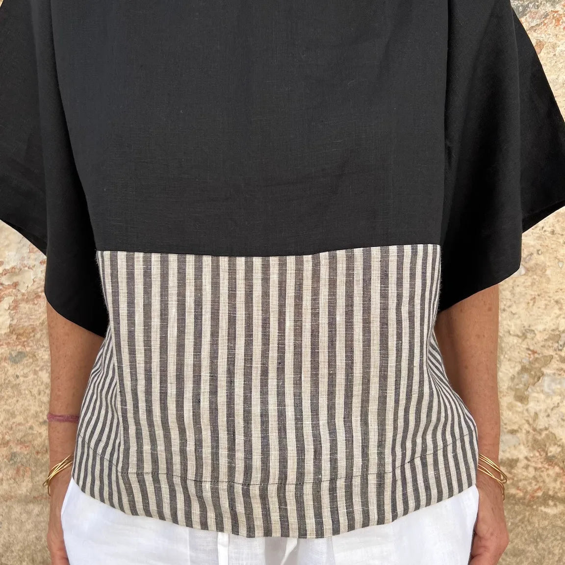 Jill Top New - French Bateau Neck Color-Blocked Striped Linen Blouse | Dadihouse