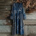 Vintage Japanese Traditional Sashiko Sakura Art Pattern Linen Blend Maxi Dress