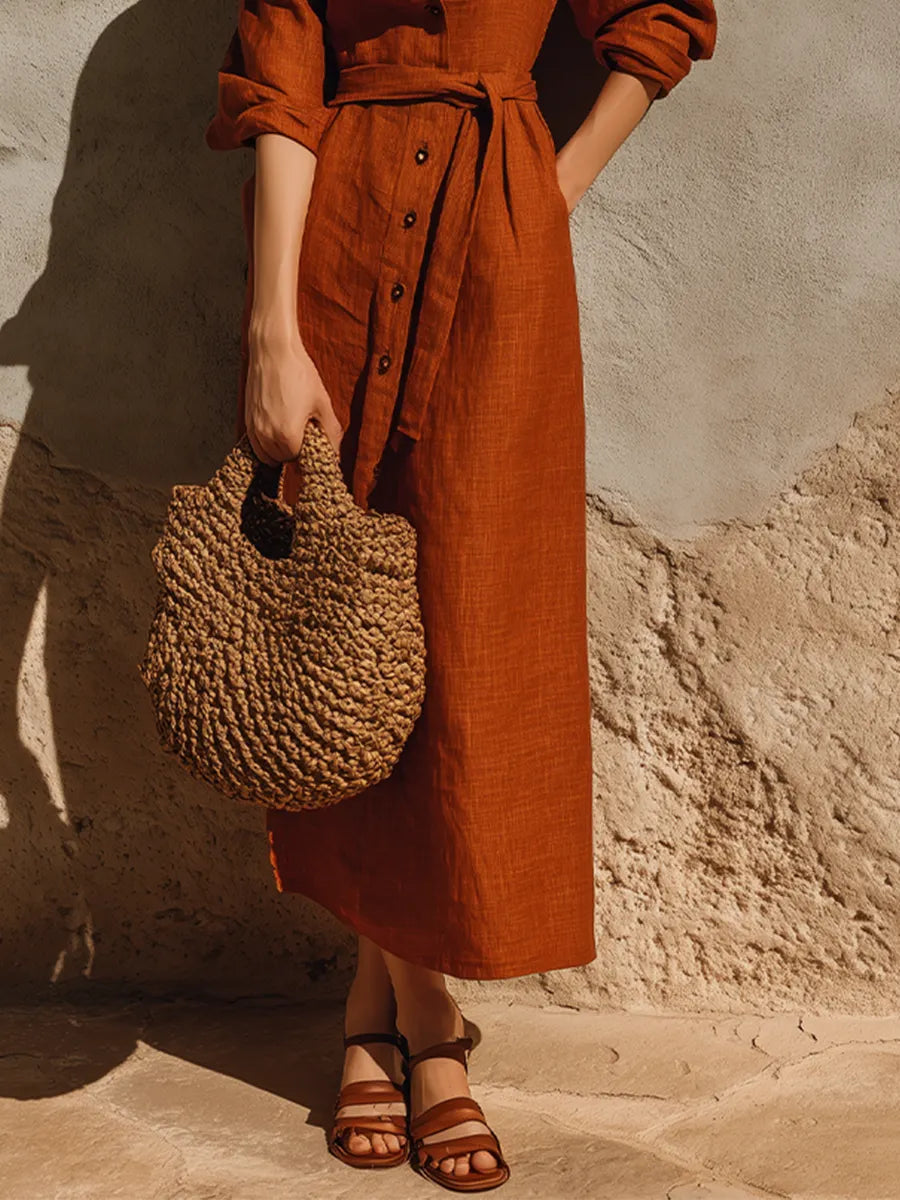 Women's Rust Terracotta Textured Linen Maxi Gown With Oversized Relaxed Silhouette & Adjustable Wrap Waist, Minimalist Effortless-Chic Summer Maxi Dress MDZ0642G8LYL
