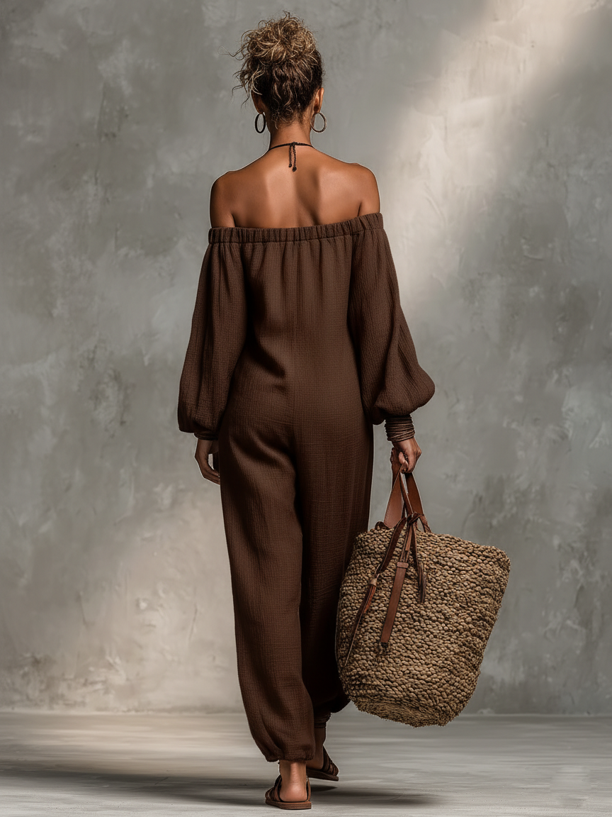 Women's Minimalist Linen Blend Strapless Long-sleeved Jumpsuit MDZ0967A9Y