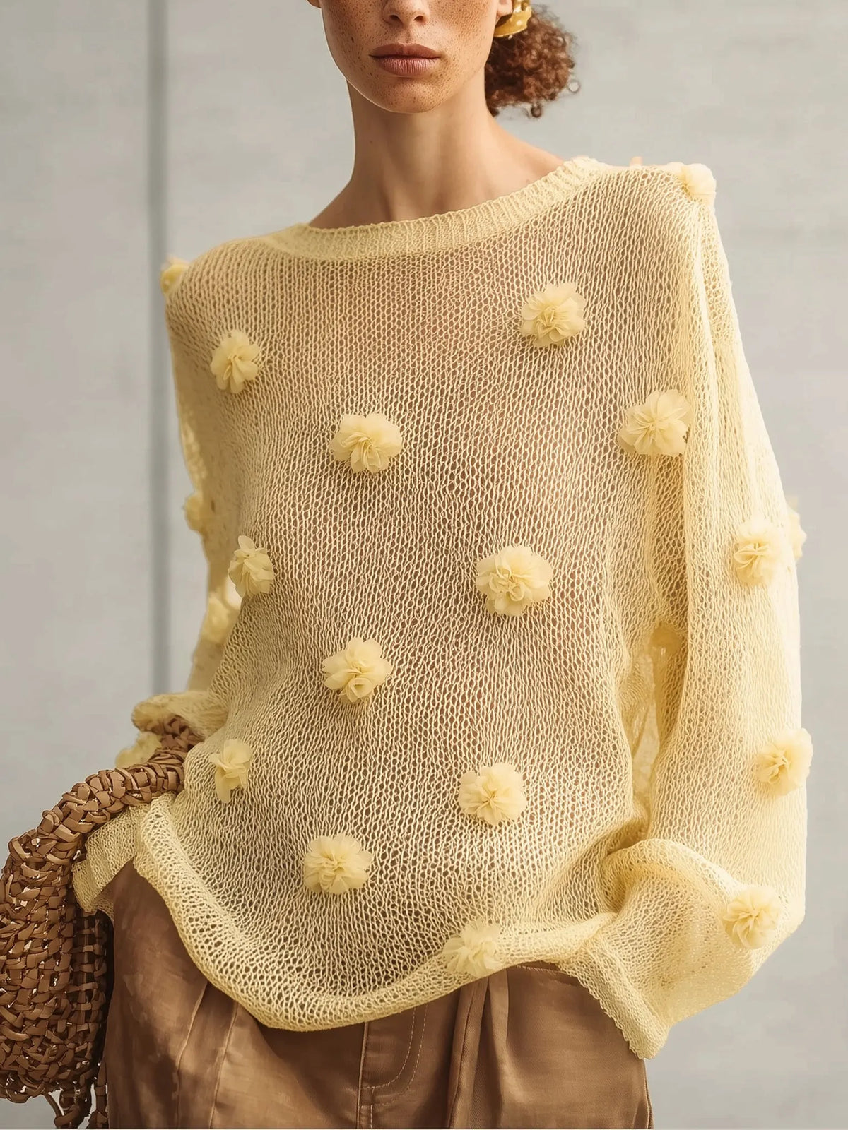 Yellow Lightweight Loose Knit 3D Floral Sweater