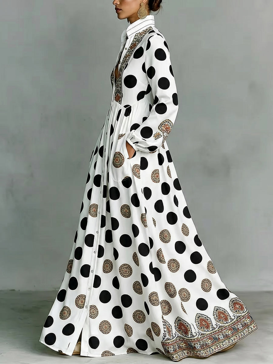 High Waisted Long Sleeves Big Hemline Buttoned Contrast Color Pleated Pockets Polka-Dot Stand Collar Maxi Dresses
