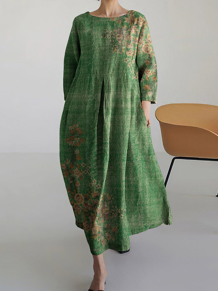 Vintage Green Floral Round Neck Casual Dress