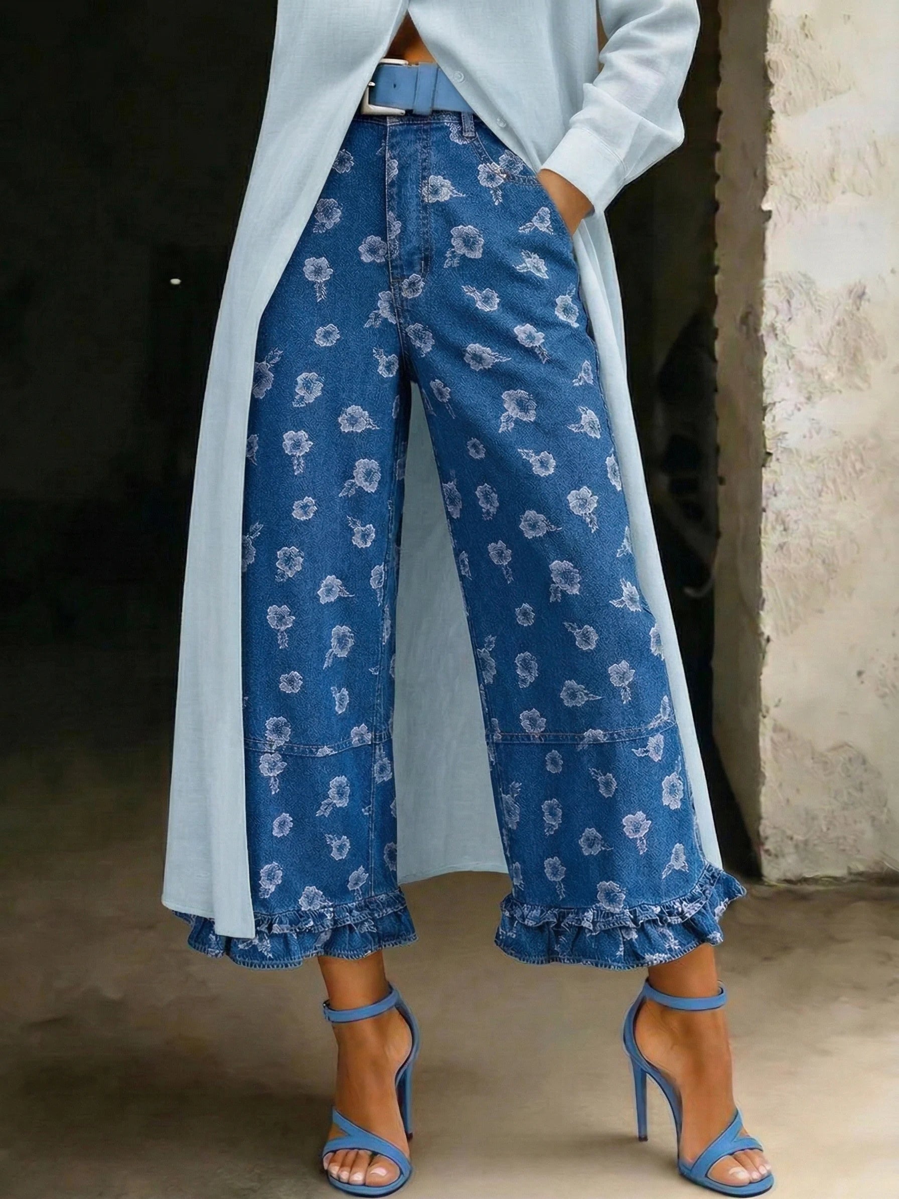 Women's Fashionable Casual Ruffle-hem Loose-fit Floral Print Wide-leg Jeans