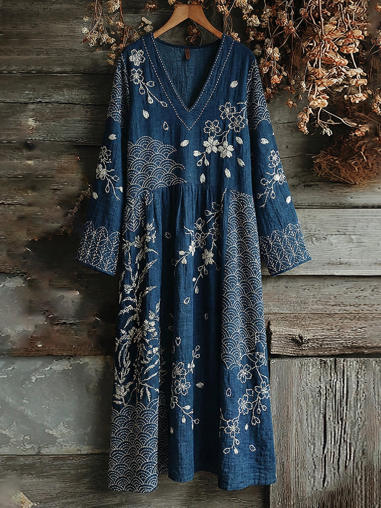 Vintage Japanese Traditional Sashiko Sakura Art Pattern Linen Blend Maxi Dress