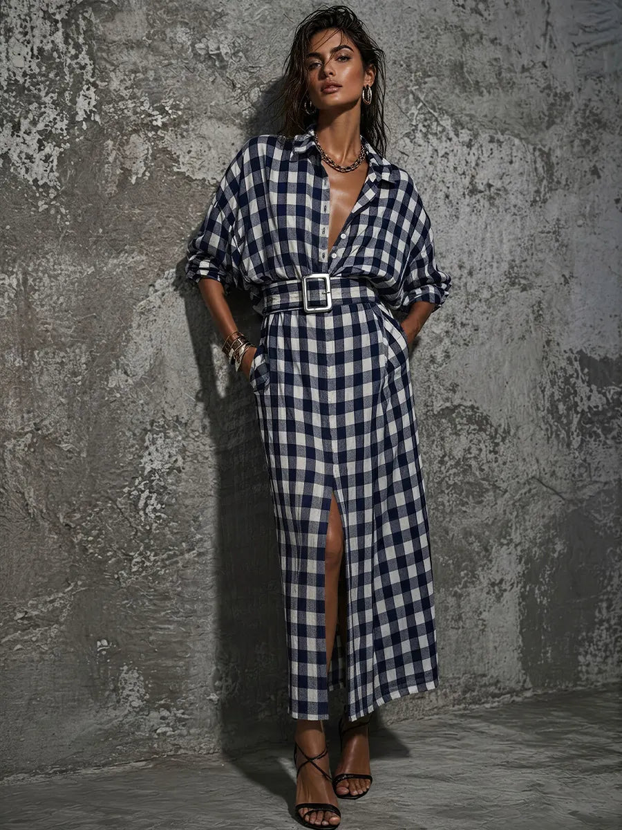 Women's Casual Commuter Style Blue And White Plaid Cotton Belted Front Slit Maxi Shirt Dress MDZ2982D6GMJ