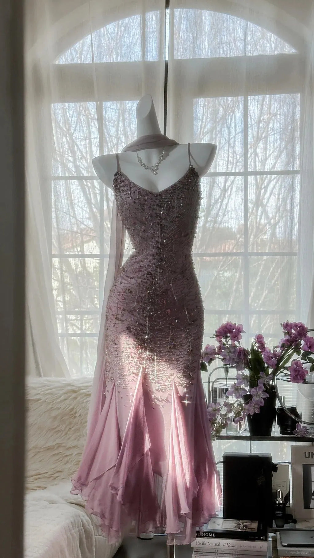 Pink Purple Elegant Romantic Exquisite Beaded Long Chiffon Ball Gown Evening Dress Birthday/Wedding Guest/Holiday Party Dress Prom Dress