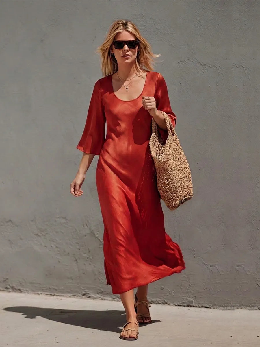 Women's Rust Red Satin Midi Dress With Wide U Scoop Neck & Flared Three Quarter Sleeves, Boho Elegant Flow Side Slit Vacation Midi Dress MDZ0171G2LYL