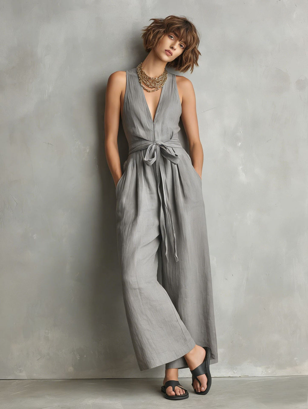 Momocco Elegant Waist-Knot Jumpsuit - Sleeveless Wide-Leg One-Piece Quiet Luxury Set